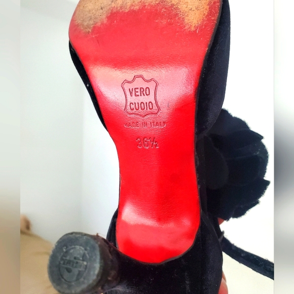 Christian Louboutin Black Suede, Flower Ankle Strap, Red Bottom, 3" Heels. 36.5 - Picture 8 of 10
